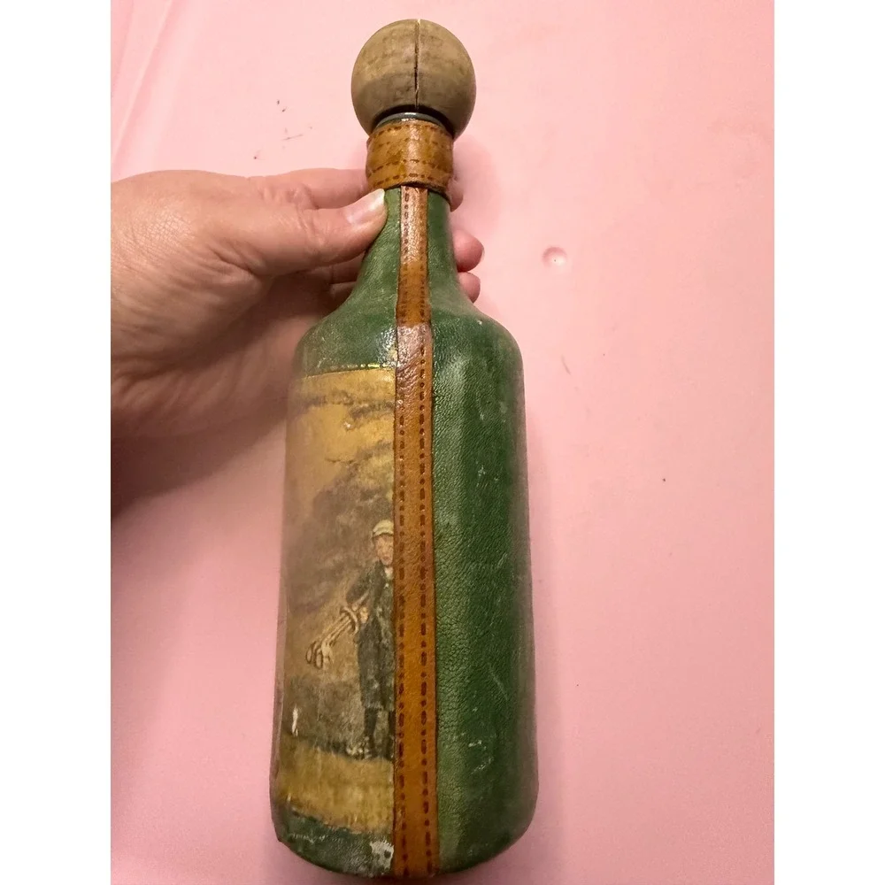 Vintage Leather‎ Wrapped Golf Decanter Glass Bottle Green Golfer Barware Decor